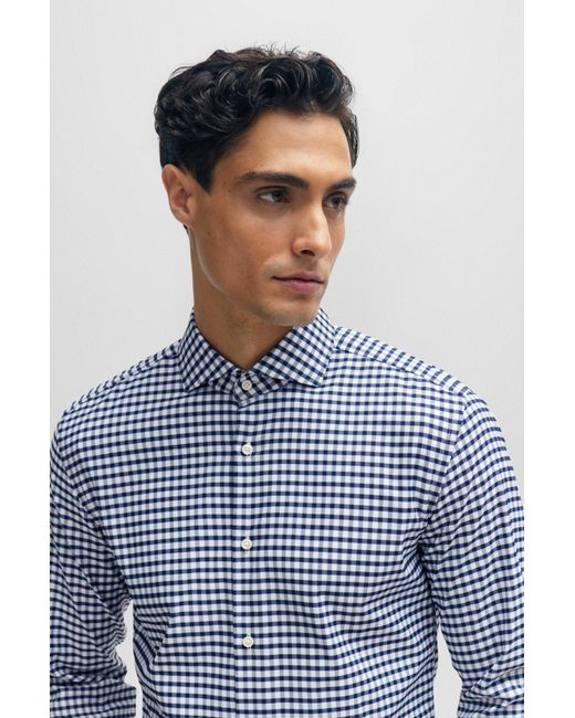 Boss Blue Slim-fit Shirt In Checked Performance-stretch Fabric for men