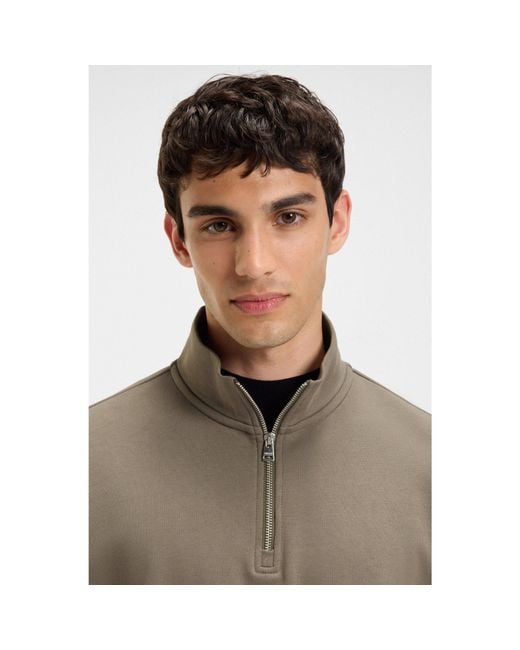 HUGO Brown Cotton-Terry Logo Sweatshirt With Zip Neck for men