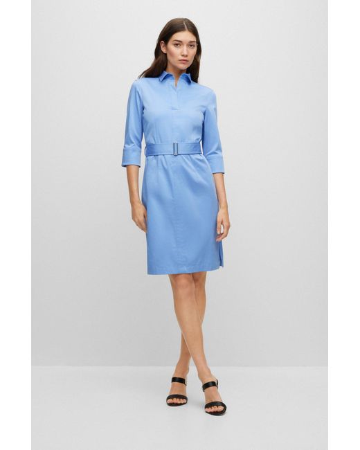 Boss Blue Belted Shirt Dress In Organic Cotton With Stretch