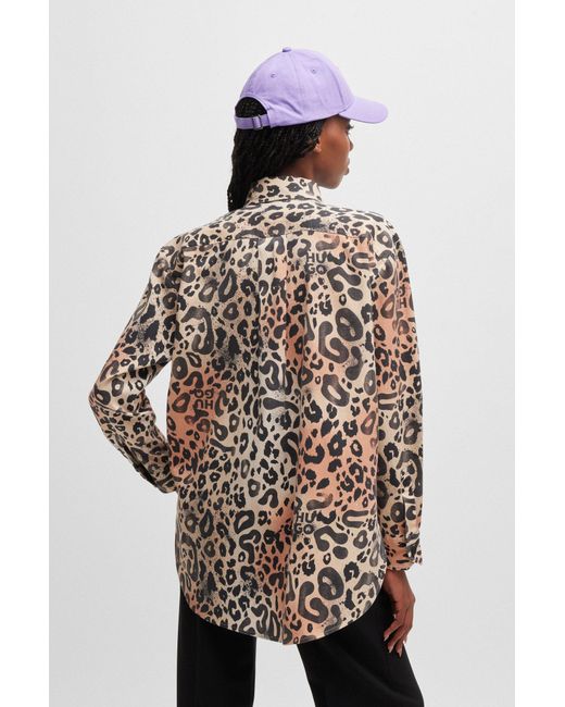 HUGO Multicolor Oversized-fit Blouse In Leopard-print Twill