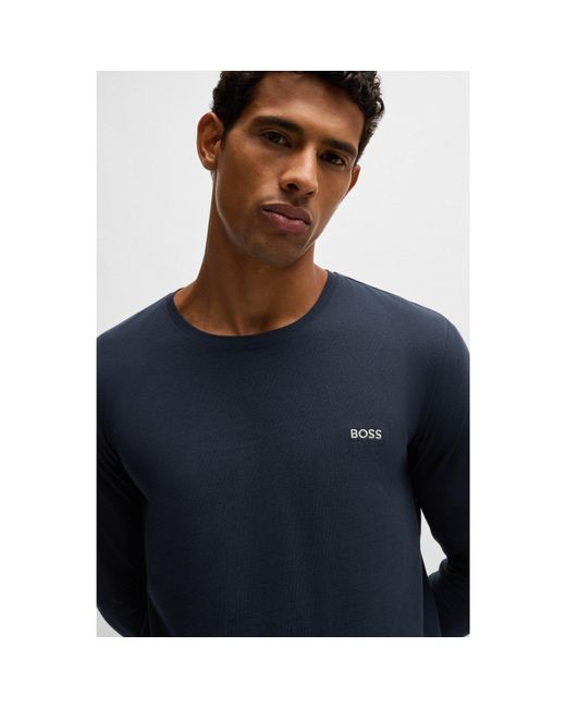 Boss Blue Stretch-Cotton T-Shirt With Embroidered Logo for men