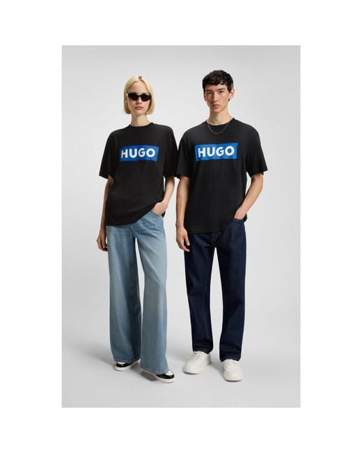 HUGO Blue Cotton-Jersey T-Shirt With Logo Print for men