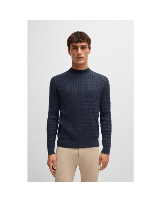 Boss Blue Equestrian Cotton Sweater With Cable Structure for men