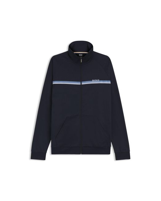 Boss Blue Cotton-Terry Jacket With Stripe And Logo for men