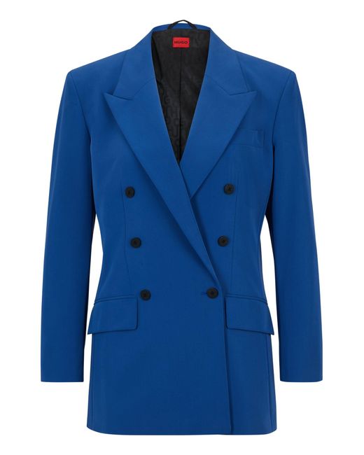 HUGO Blue Relaxed-fit Double-breasted Jacket In Stretch Fabric