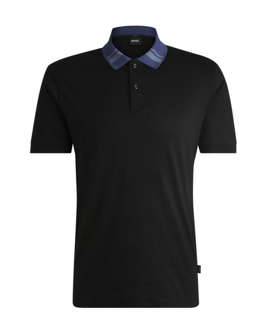 Boss Black Mercerized-cotton Slim-fit Polo Shirt With Collar Stripes for men