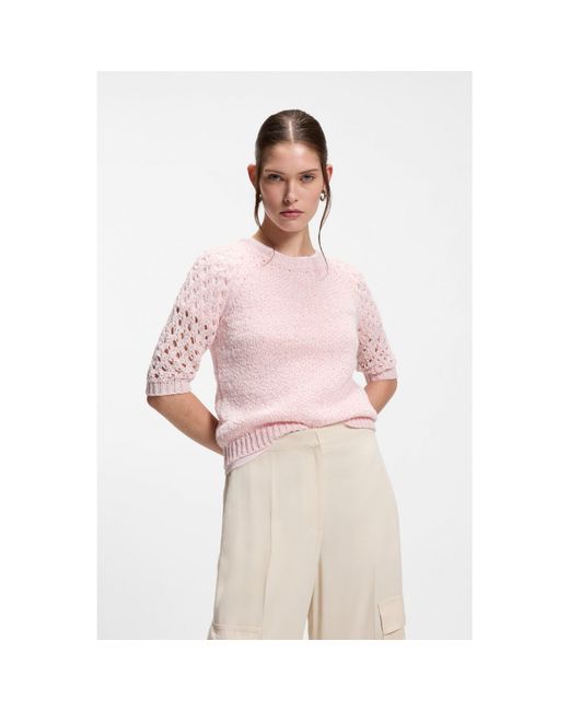 Boss Pink Cotton-Blend Sweater With Open-Knit Sleeves