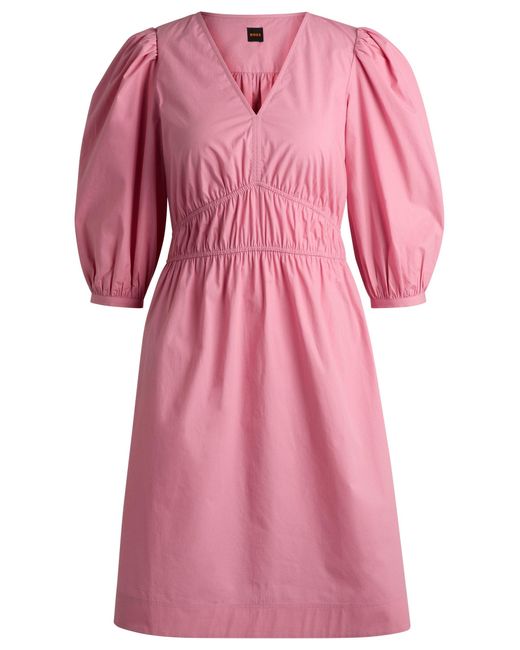 Boss Pink Kleid Aus Baumwoll-Popeline Mit V-Ausschnitt Und Geraffter Taille