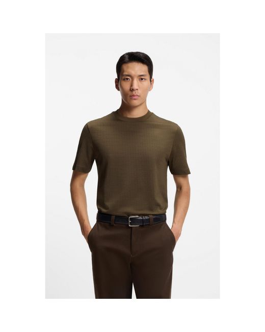 Boss Brown Cotton-Silk T-Shirt With Geometric Jacquard for men