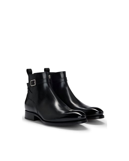 Boss Black Leather Jodhpur Boots With Zip Closure And Buckled Strap for men