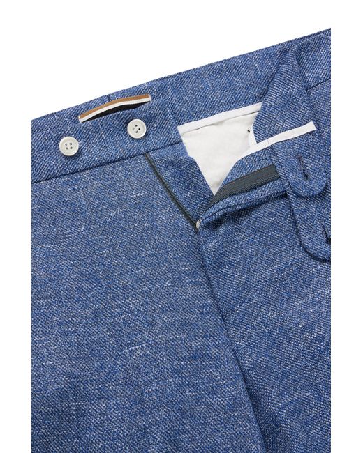 Boss Blue Slim-fit Trousers In A Micro-patterned Linen Blend for men