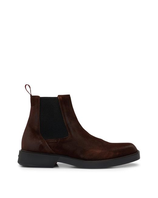HUGO Brown Square-toe Chelsea Boots In Suede With Signature Details for men
