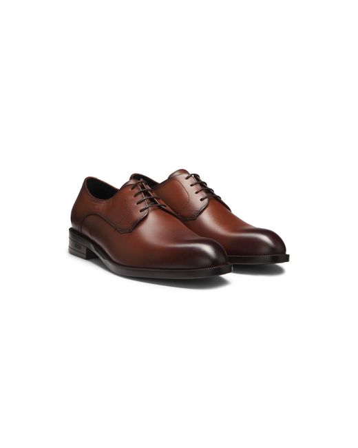 Boss Brown Leather Derby Shoes With Stitching Details for men
