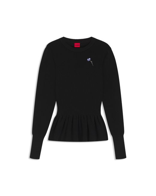 HUGO Black Cotton Sweater With Detachable Floral Brooch