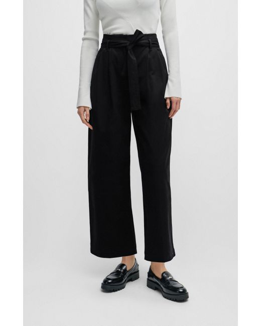 Boss Black Tapered-fit Wide-leg Trousers With Fabric Belt