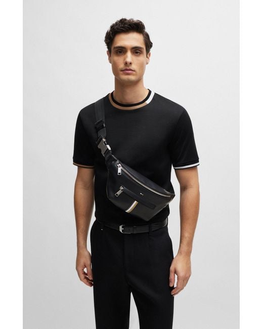 Boss Black Faux-leather Belt Bag With Signature Stripe for men