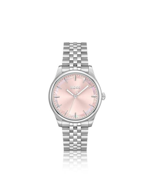 Boss White Domed-Link Bracelet Watch With Mother-Of-Pearl Inlay