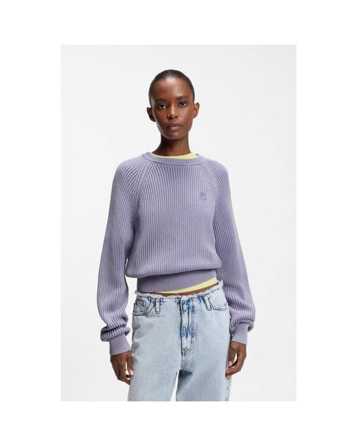 HUGO Purple Knitted-Cotton Sweater With Happy Logo