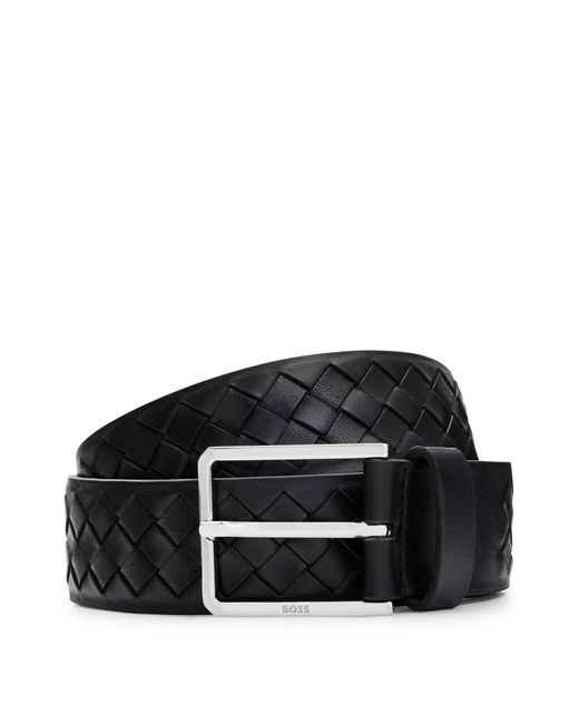 Boss Black Woven-leather Belt With Logo Buckle In Polished Hardware for men