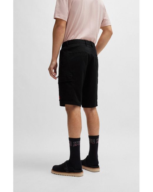 HUGO Black Stretch-cotton Shorts With Red Logo Label for men