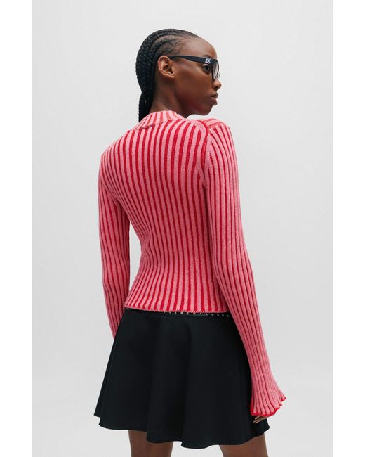 HUGO Red Mock-neck Sweater In Ribbed Cotton With Frilled Seams