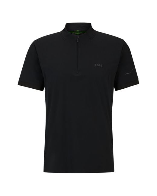 Boss Black Zip-neck Slim-fit Polo Shirt With Decorative Reflective Print for men