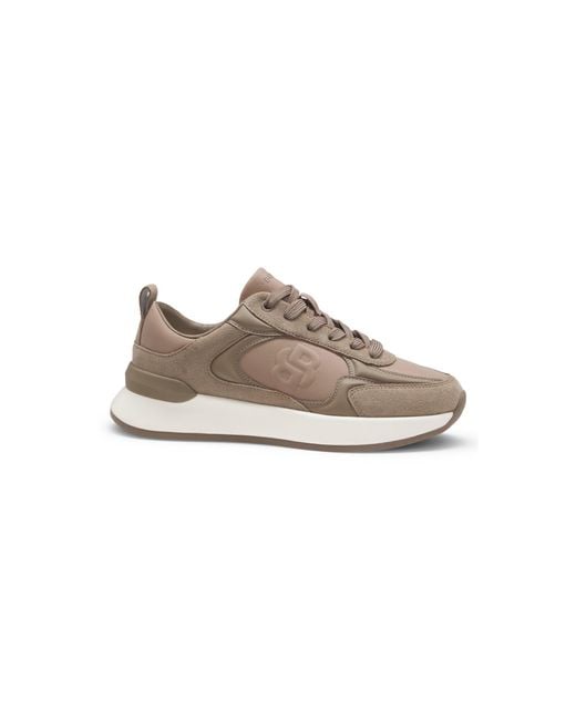 Boss Brown Suede-Trim Trainers With Double B Monogram