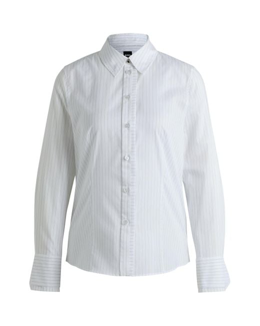 Boss White Long-sleeved Blouse In Pinstripe Cotton