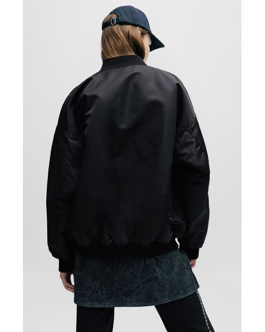 HUGO Black Oversized-fit Bomber Jacket In Water-repellent Fabric