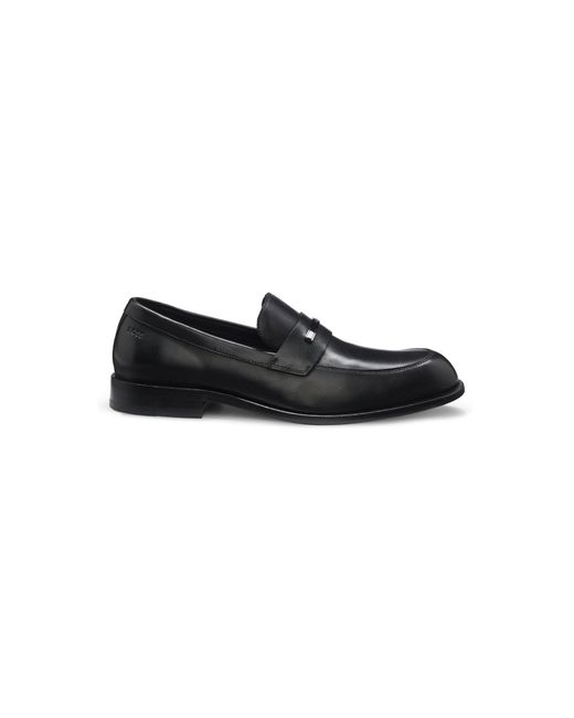 Boss Black Leather Loafers With Branded Metal Trim for men