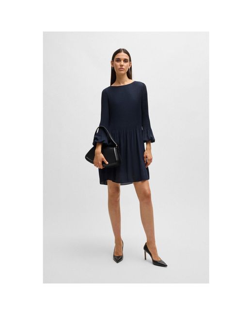 Boss Blue Regular-Fit Dress With Plissé Pleats And Crew Neckline