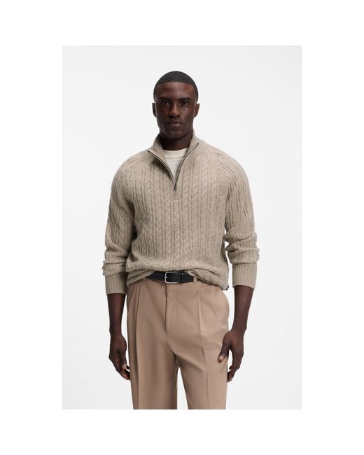 Boss Natural Zip-Neck Sweater With An All-Over Cable Pattern for men