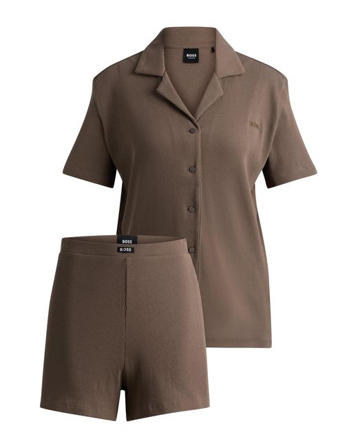 Boss Brown Ribbed-cotton Pyjamas With Logo Details And Side Slits