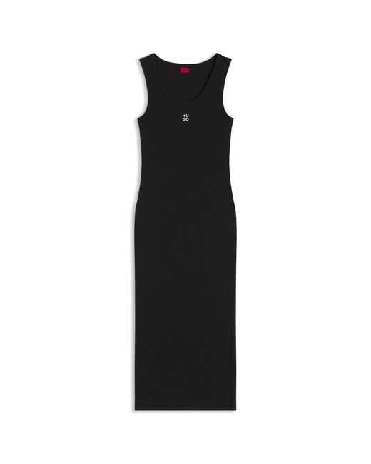 HUGO Black Cotton-Blend Jersey Midi Dress With Stacked Logo