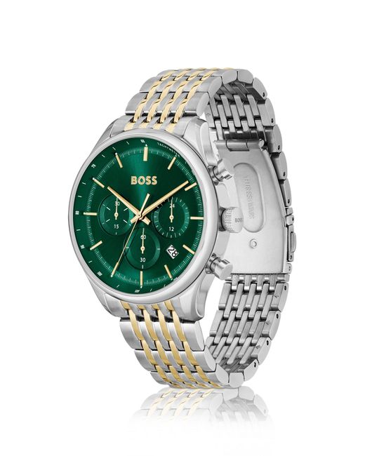 Boss Green-dial Chronograph Watch With Two-tone Link Bracelet Men's Watches for men