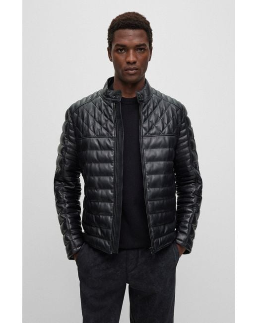 Boss Black Nappa Leather Jacket With Stand Collar for men