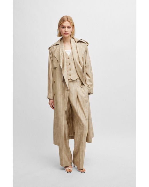 Boss Natural Double-breasted Trench Coat In Pinstripe Material