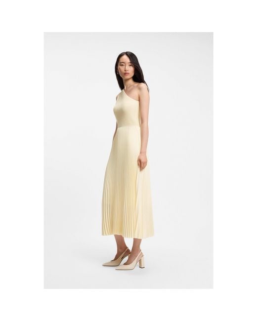 Boss White Rib-Knit One-Shoulder Dress With Plissé Skirt