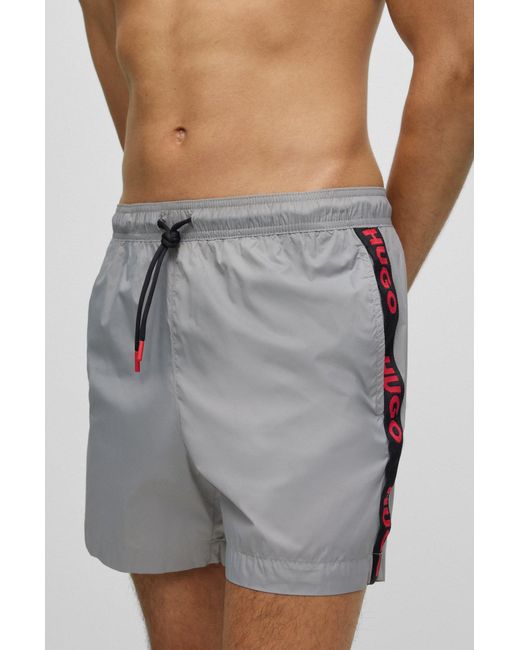 HUGO Gray Fully Lined Swim Shorts With Logo Tape for men