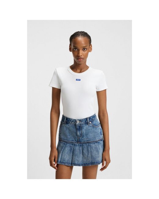 HUGO White Stretch-Cotton Slim-Fit T-Shirt With Logo Badge