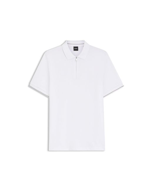 Boss White Regular-Fit Polo With Zip Closure for men
