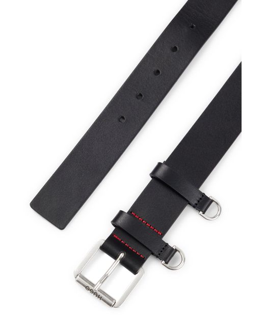 HUGO Black Italian-leather Belt With D-ring Details for men