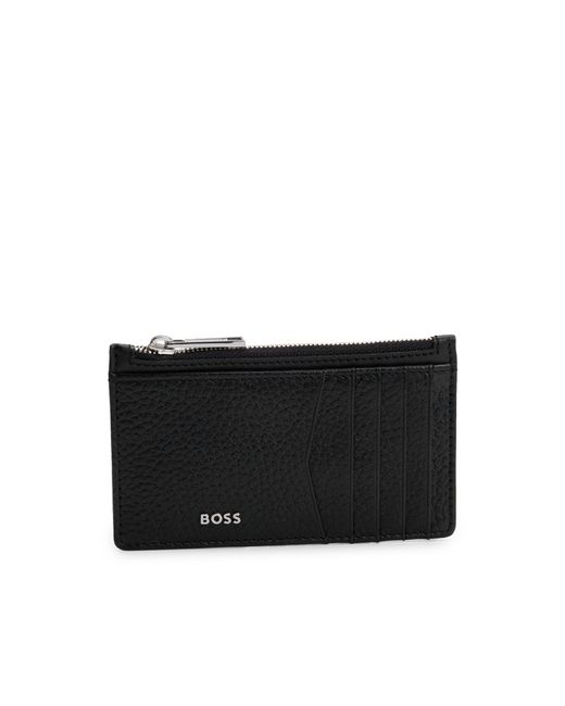 Boss Black Grained-Leather Card Holder With Zipped Coin Pouch for men