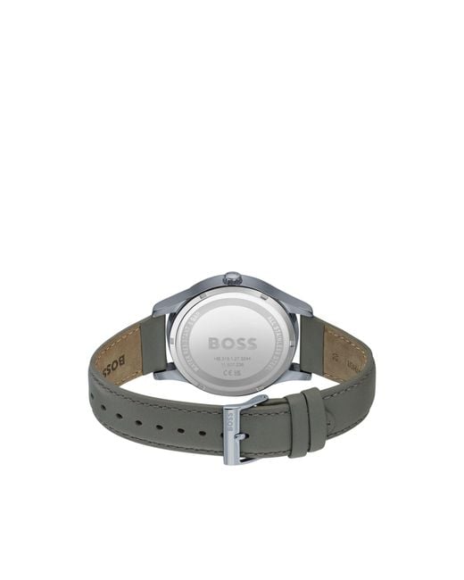 Boss Gray Threehand-Plated Watch With Leather Strap for men