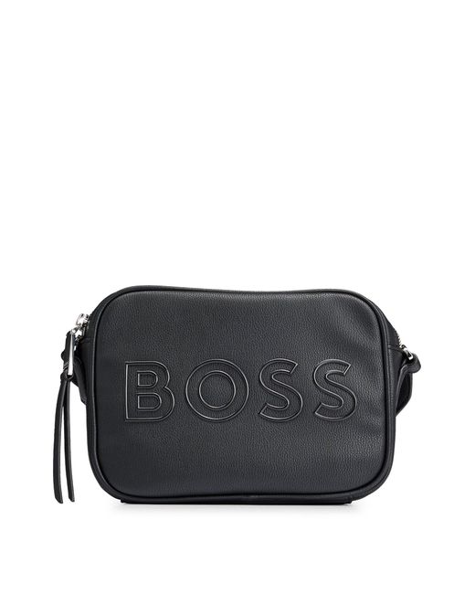 Boss Black Grained Faux-leather Crossbody Bag With Outline Logo