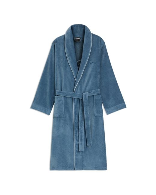 Boss Blue Cotton Dressing Gown With Piping And Embroidered Branding for men