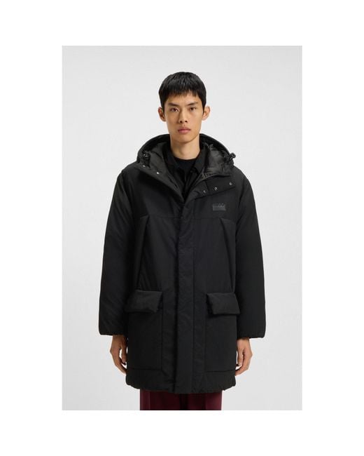 HUGO Black Water-Repellent Hooded Puffer Coat With Split Logo for men