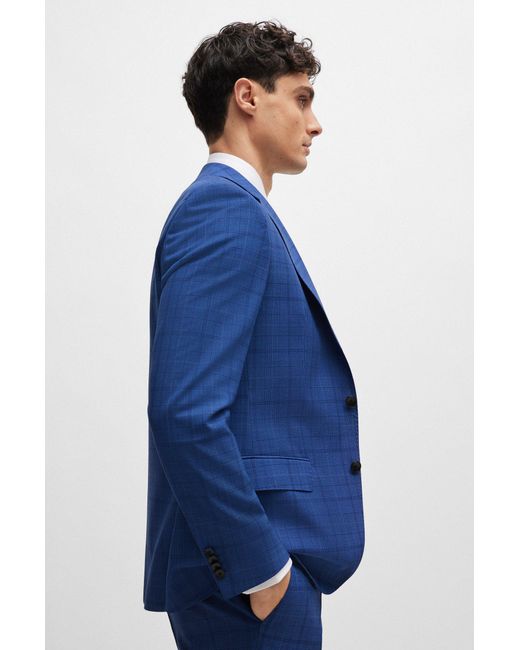 Boss Blue Slim-fit Suit In Checked Virgin Wool for men