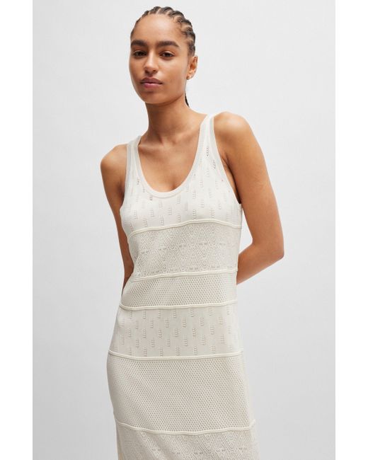 Boss White Knitted Dress In Midi Length With Mixed Structures