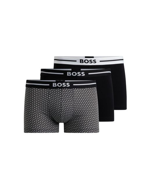 Boss Black Three-pack Of Stretch-cotton Trunks With Logo Waistbands for men